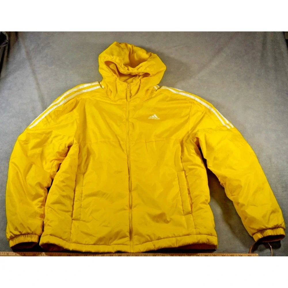 Adidas Primegreen Jacket Mens M Yellow 3-Stripes Hooded Puffer Full Zip‎ Pockets
